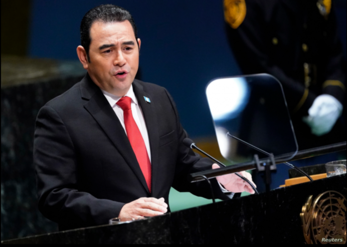 El wxpresidente de Guatemala, Jimmy Morales, durante la 74a sesión de la Asamblea General de las Naciones Unidas en la sede de la ONU en la ciudad de Nueva York, Nueva York, Estados Unidos, 25 de septiembre de 2019.