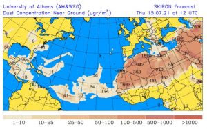 Figura 1. Pronóstico de ingreso del Polvo del Sahara para jueves 15 de julio en la mañana.