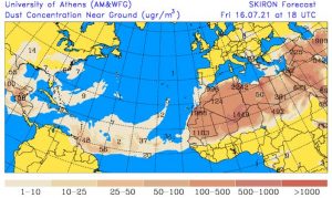 Figura 2. Pronóstico de ingreso del Polvo del Sahara para viernes 16 de julio al mediodía, según los datos proporcionados por el modelo, en proceso de actualización.  Fuente: AM&WFG