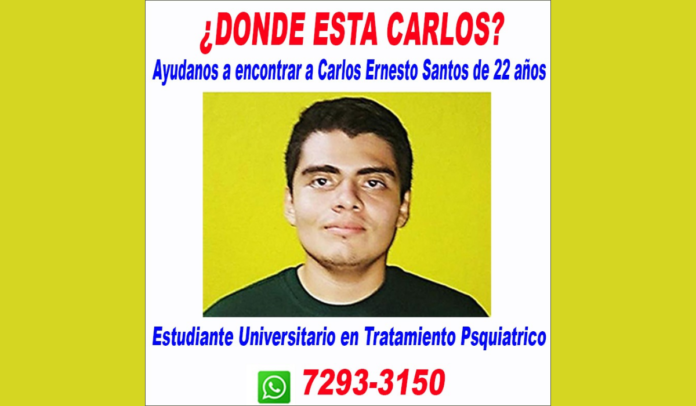 información sobre su paradero y una investigación para esclarecer el hecho. Foto: Cortesía. La familia del joven Carlos Ernesto Santos Abarca, desaparecido en El Salvador desde enero de 2022, reclamó este lunes a las autoridades de Seguridad información sobre su paradero y una investigación para esclarecer el hecho. Foto: Cortesía.