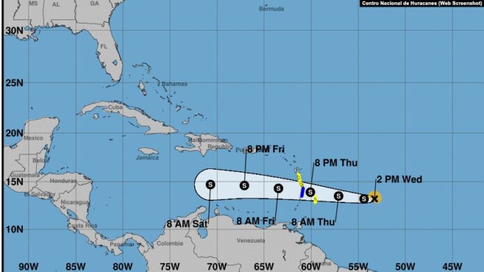 En la imagen, la predicción sobre el rumbo de la tormenta tropical Bret realizada por el Centro Nacional de Huracanes de EEUU en Miami, el miércoles 21 de junio de 2023. En la imagen, la predicción sobre el rumbo de la tormenta tropical Bret realizada por el Centro Nacional de Huracanes de EEUU en Miami, el miércoles 21 de junio de 2023.
