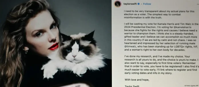 Foto del posteo en Instagram de Taylor Swift en apoyo a la candidata estadounidense a las presidenciales Kamala Harris. Foto: Cortesía.