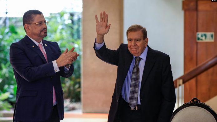 El líder de la oposición venezolana, Edmundo González, saluda mientras se reúne con el presidente de Costa Rica, Rodrigo Chaves, en la Casa Presidencial en San José, Costa Rica, el 16 de enero de 2025. Foto: Cortesía. El líder de la oposición venezolana, Edmundo González, saluda mientras se reúne con el presidente de Costa Rica, Rodrigo Chaves, en la Casa Presidencial en San José, Costa Rica, el 16 de enero de 2025. Foto: Cortesía.