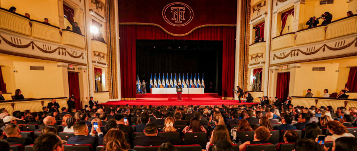 Nayib Bukele durante la presentación de su informe de gestión gubernamental.
