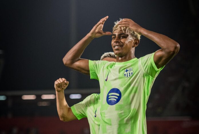 Lamine Yamal celebrando su primer gol de la temporada. Foto cortesía: FC Barcelona
