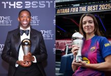 Se entregó el The Best: Dembélé y Aitana fueron los mejores jugadores de la FIFA Aitana y Dembélé con sus trofeos. Foto cortesía: PSG y FC Barcelona.