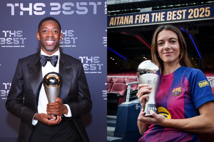 Aitana y Dembélé con sus trofeos. Foto cortesía: PSG y FC Barcelona.
