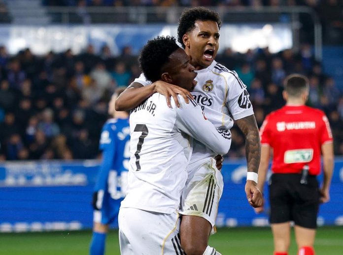 Jr Rodrygo celebra junto a Vinicius el segundo gol. Foto cortesía: Real Madrid.