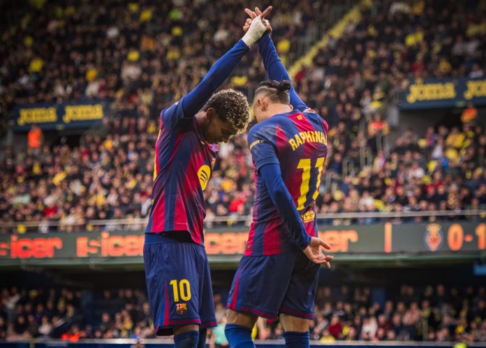 Lamine y Raphinha celebrando. Foto cortesía: FC Barcelona.
