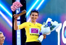 La chilena Catalina Soto ganó el prólogo del Tour El Salvador Soto se llevó el suéter amarillo. Foto cortesía: INDES.