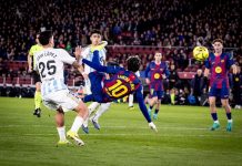 El Barça golea al Real Oviedo con un golazo de media chilena de Lamine Yamal El momento del remate acrobático de Lamine Yamal. Foto cortesía: FC Barcelona.