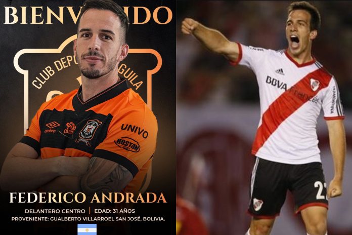 El nuevo refuerzo 'Emplumado' fue formado en River. Fotos cortesía: CD Águila y Federico Andrada.