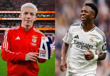 Prestianni, del Benfica, fue suspendido por presunto acto racista sobre Vinicius Prestianni no estará en la vuelta. Foto cortesía: Benfica y Real Madrid.