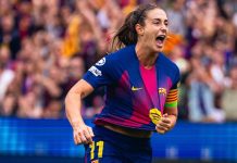 El Barcelona venció al Bayern y se clasificó a la final de la Champions Femenina Alexia Putellas celebrando uno de sus tantos. Foto cortesía: FC Barcelona Femení.